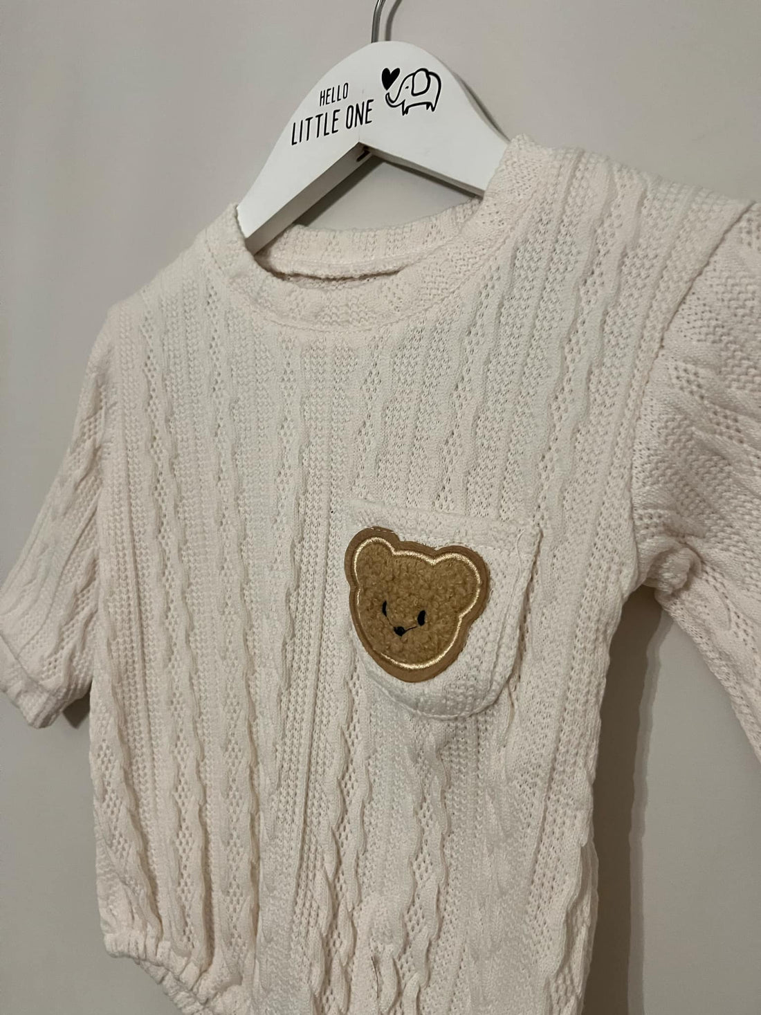 Cream Knit Teddy Bear Embroidered Long Sleeve Romper