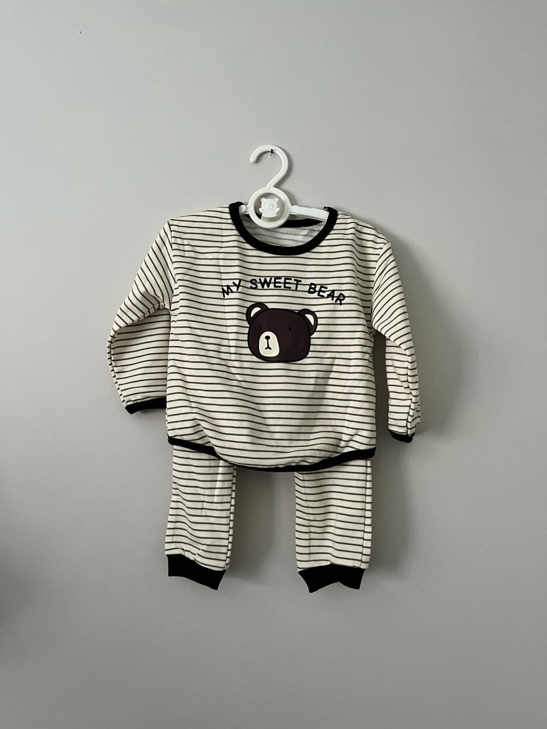 White Striped "My Sweet Bear" Long Sleeve Top & Bottoms Co ord