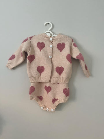 Pink Knit Heart Cardigan & Romper Set