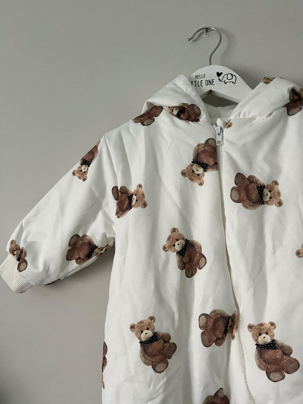 White Teddy Bear Print Puff Fleece Lined Zip Jumpsuit