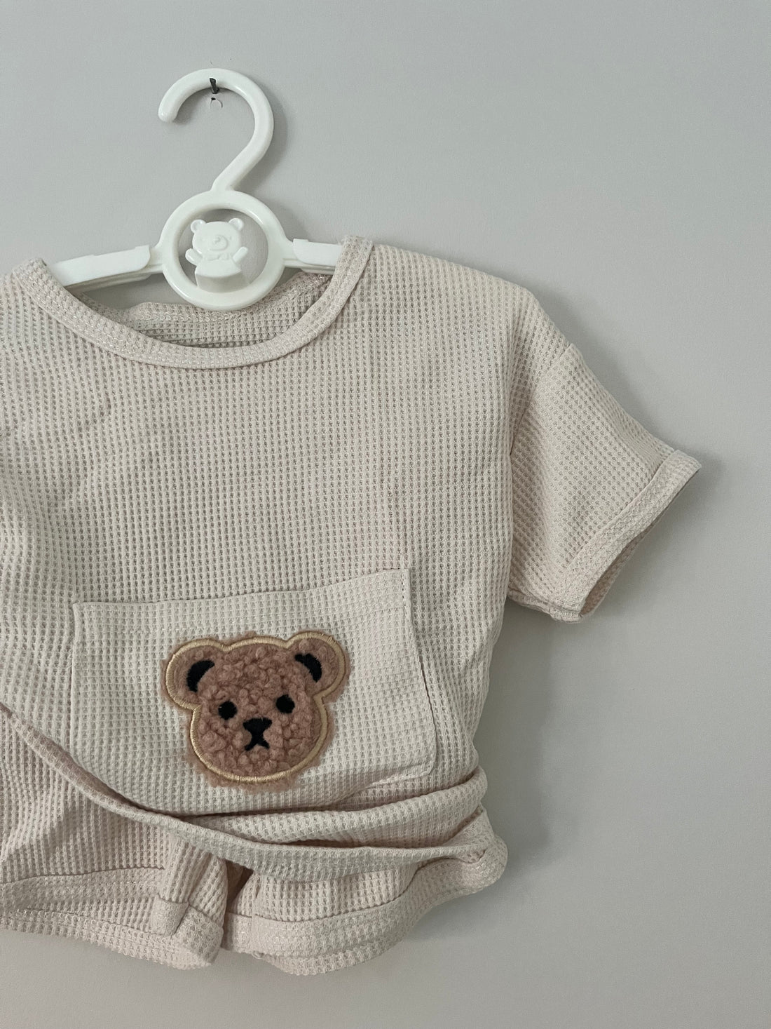 Cream Waffle Teddy Bear Pocket Top & Shorts Co-ord