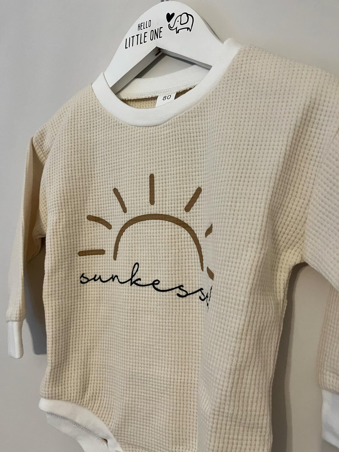 Beige Waffle Long Sleeve "Sunkissed" Print Romper