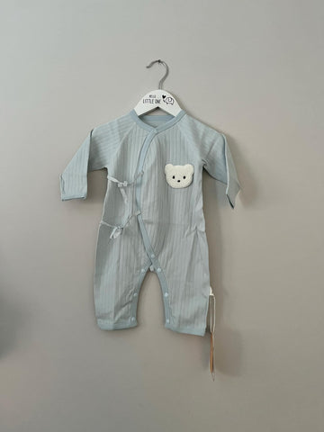 Blue Ribbed Tie Bear Detail Jumpsuit