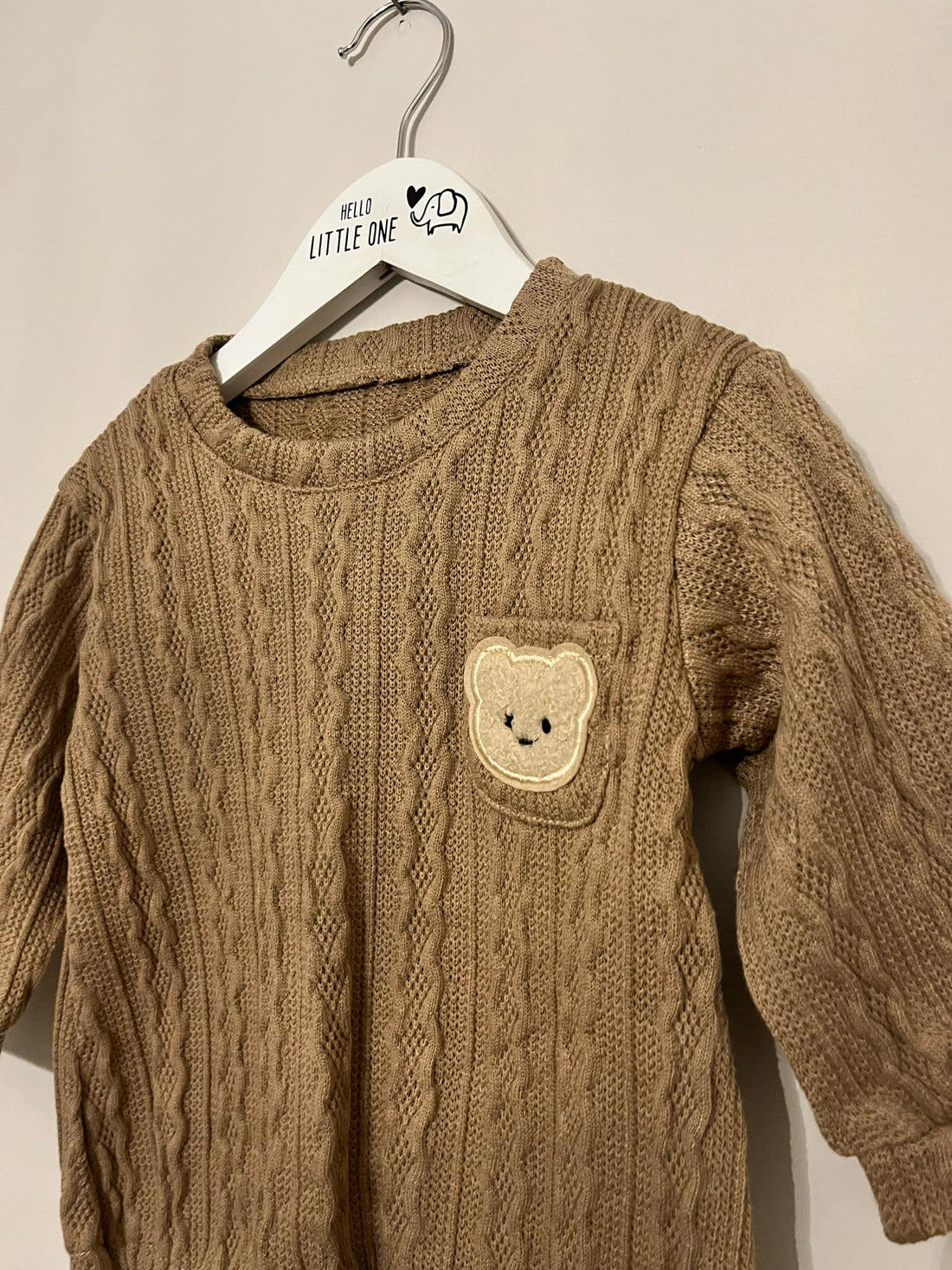 Brown Knit Teddy Bear Embroidered Long Sleeve Romper