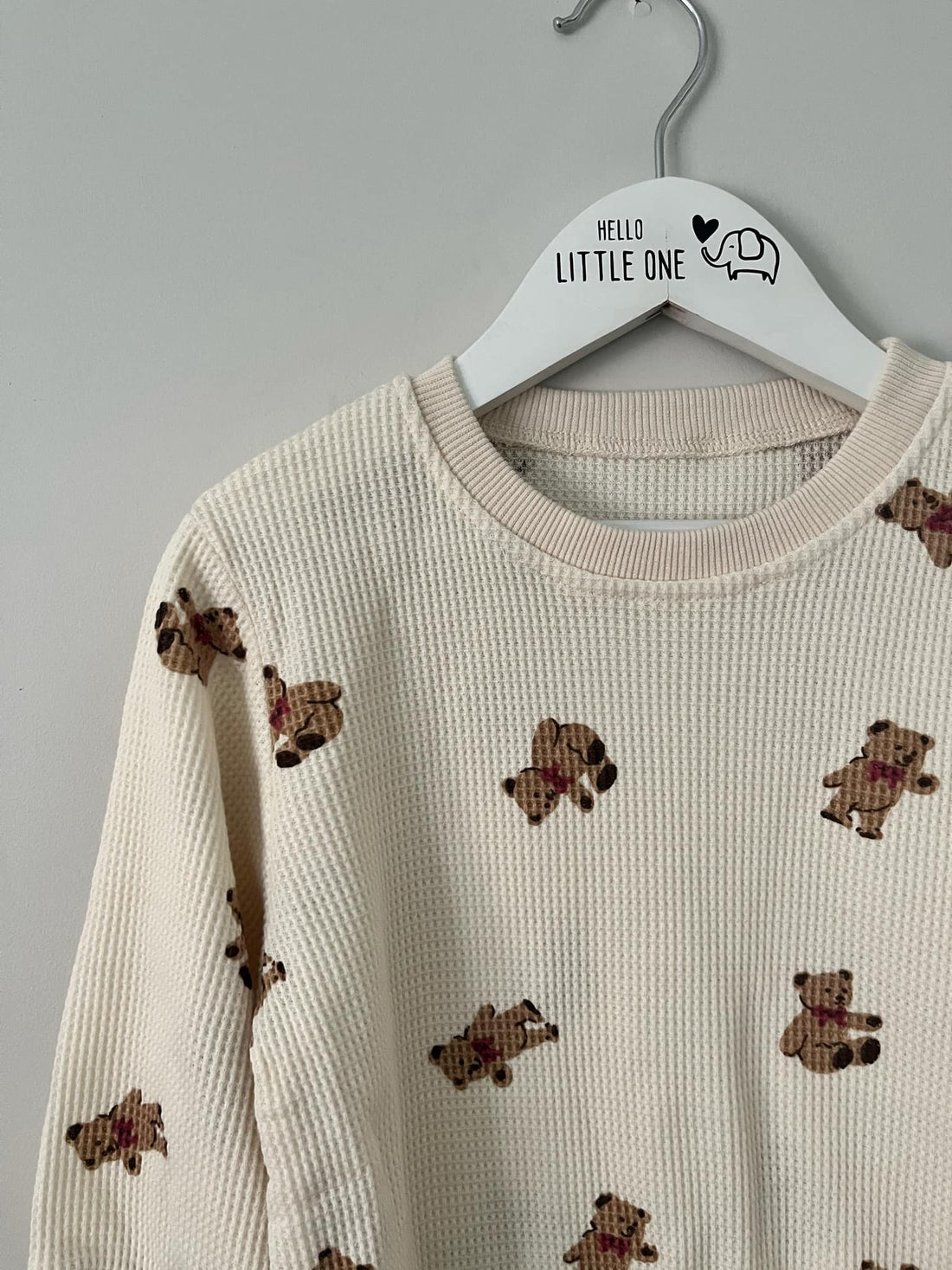 Cream Waffle Teddy Print Long Sleeve Romper