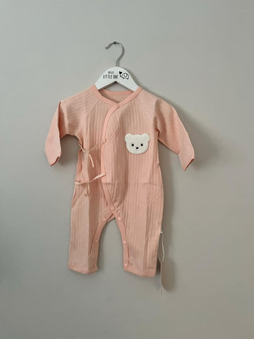 Pink Ribbed Tie Bear Detail Jumpsuit